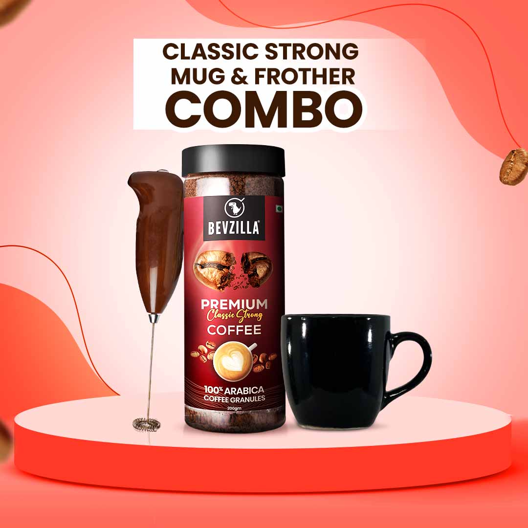 Premium Classic Strong Coffee Powder 200gm + Coffee Mug + Frother Combo